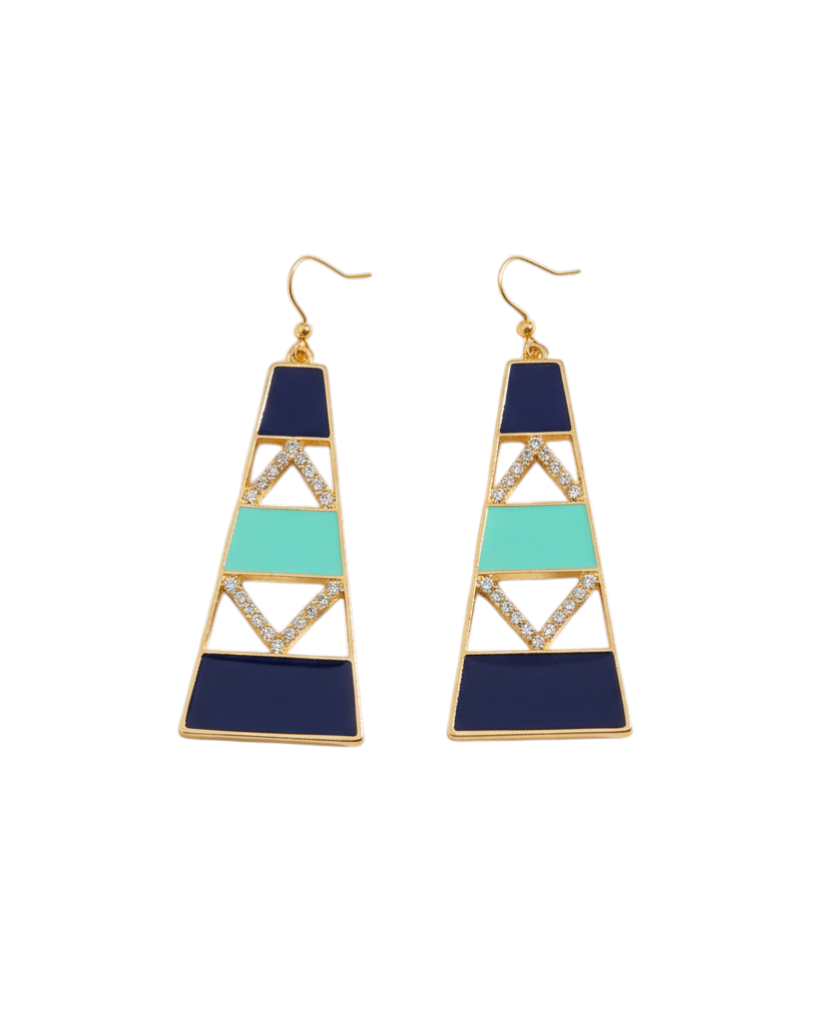 Luxiage gold-tone geometric drop earrings with navy blue and turquoise enamel accents and crystal details.
