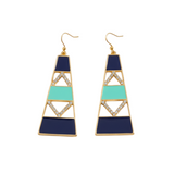 Luxiage gold-tone geometric drop earrings with navy blue and turquoise enamel accents and crystal details.