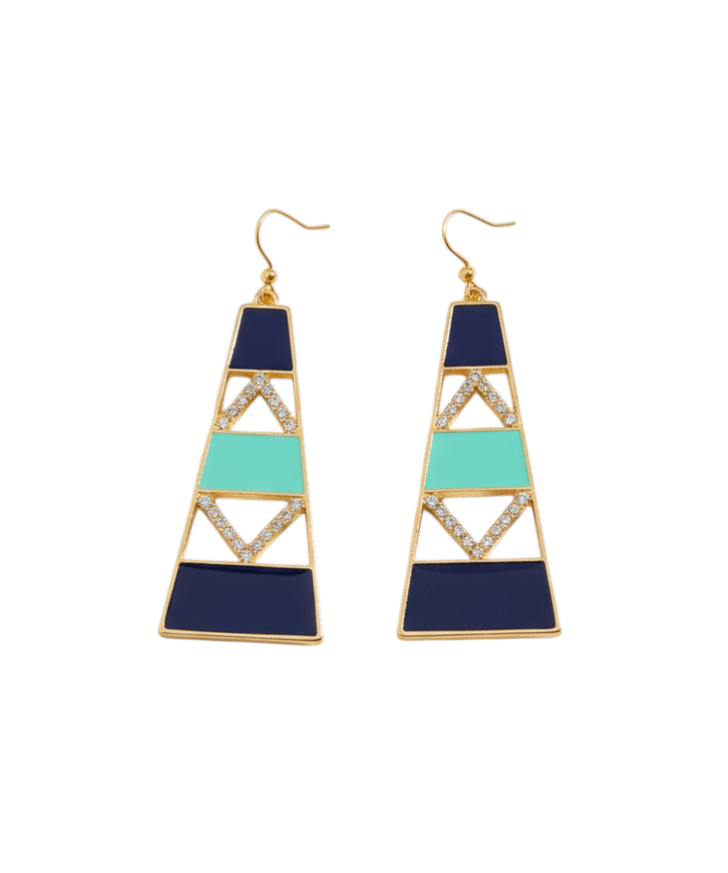 Luxiage gold-tone geometric drop earrings with navy blue and turquoise enamel accents and crystal details.