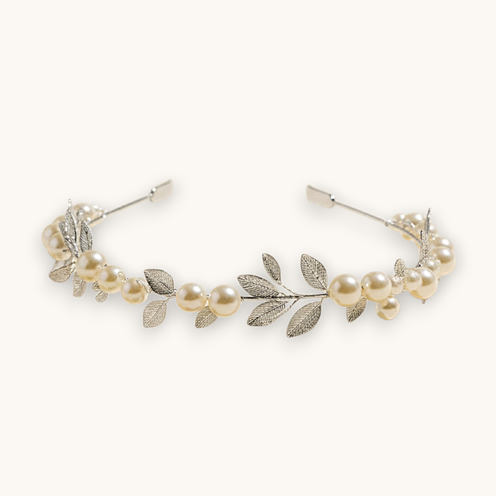 Luxiage Pearl Grace headband with faux pearls and silver leaf details, perfect for special occasions.